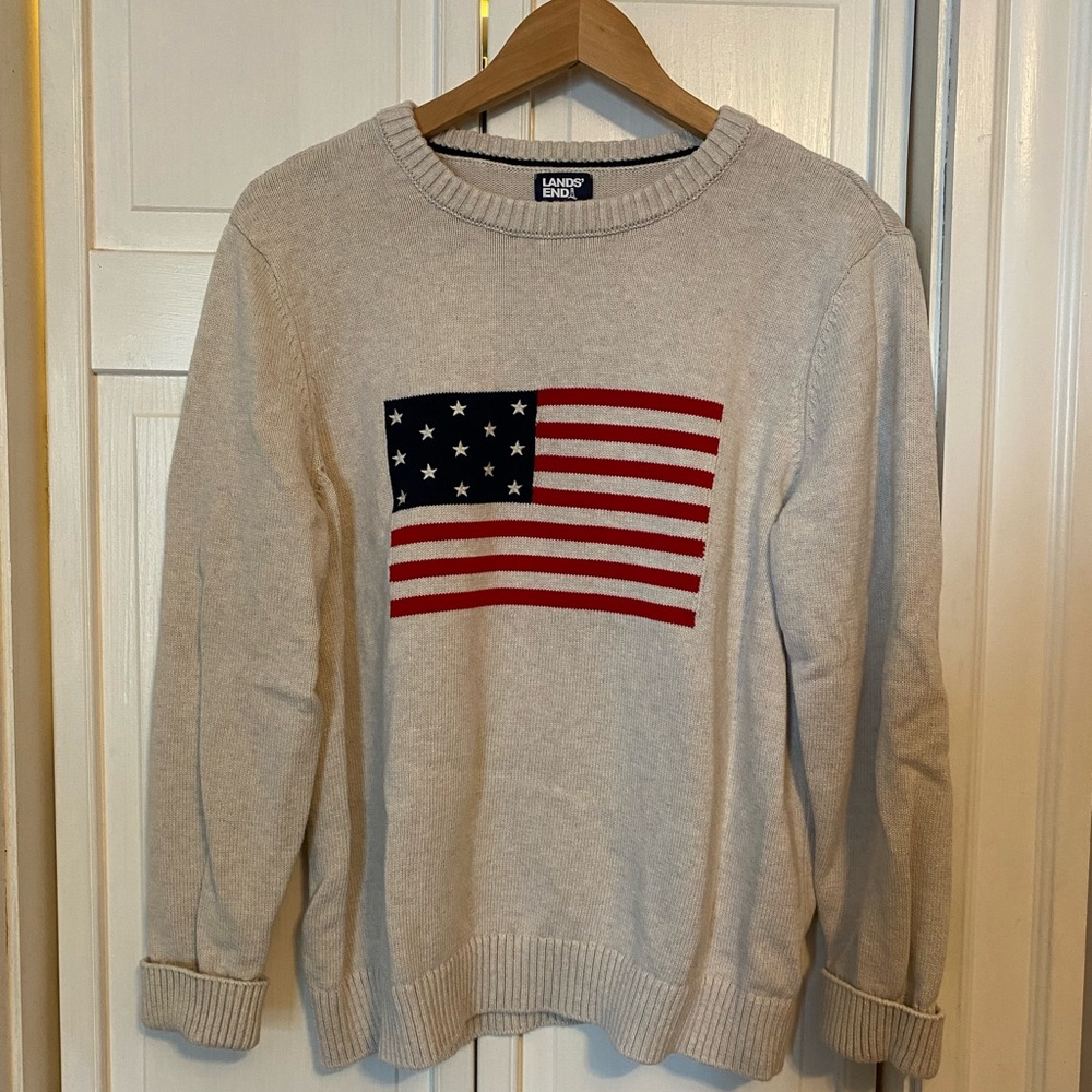 Lands End Cotton Drifter Sweater - Heather Oatmeal Flag